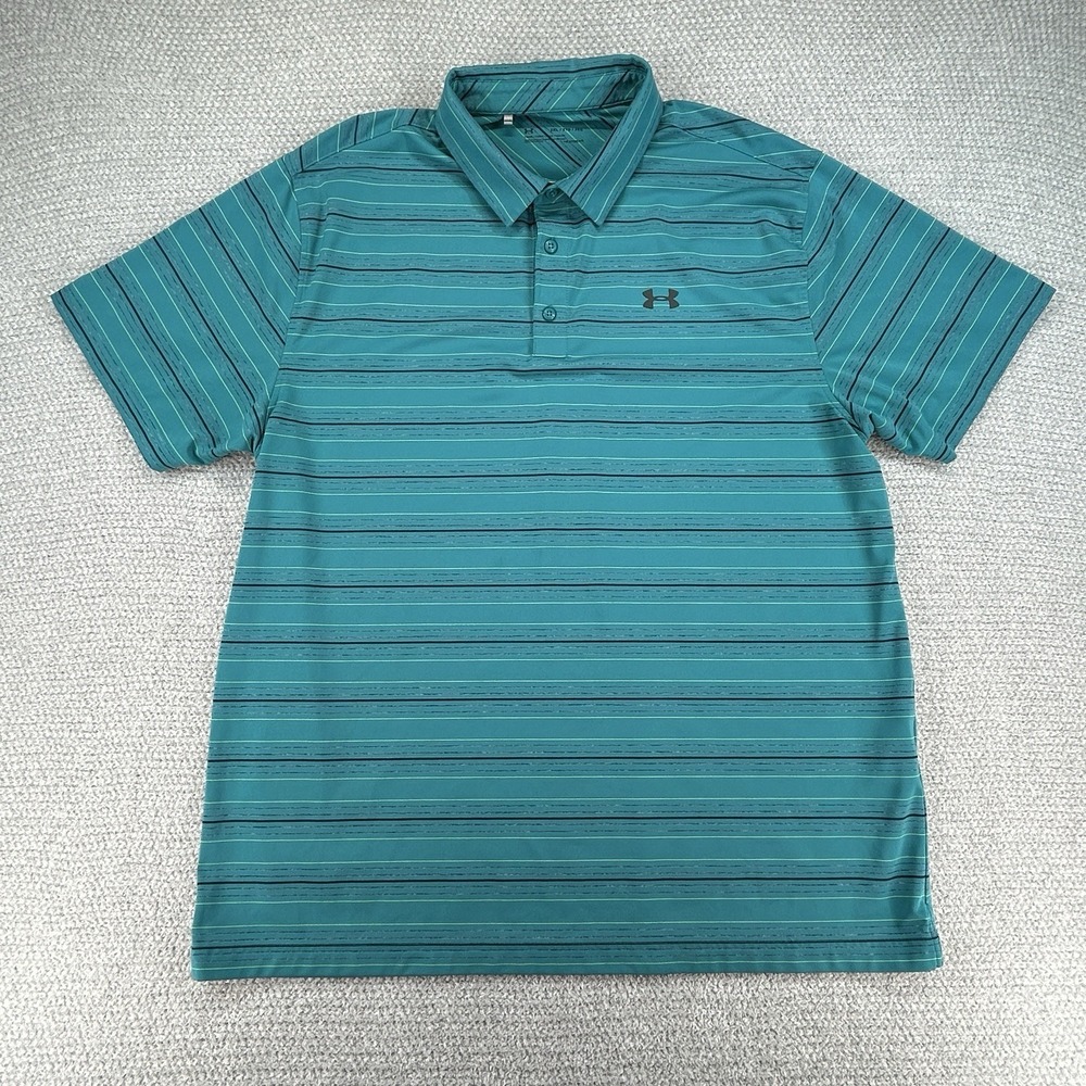 Under Armour Polo Shirt Men's 2XL Green Striped Golf HeatGear Performance
